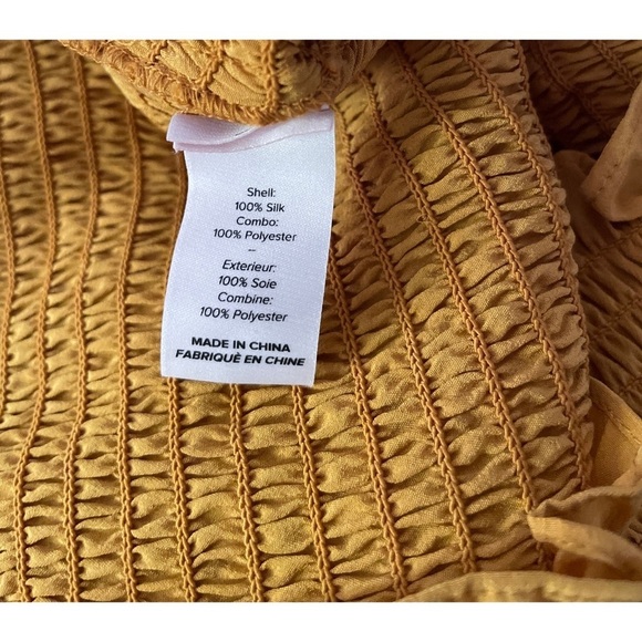 EUC Cinq a Sept 100% Silk Ellis Puff Shoulder Smocked Marigold Yellow Blouse XS‍ - Picture 4 of 11
